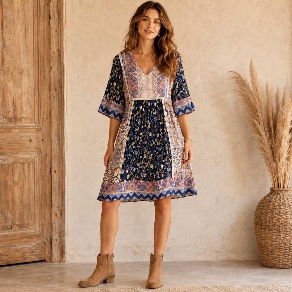 Sundance Dress Women's Large Boho Patchwork Floral Paisley Bell Sleeve Empire